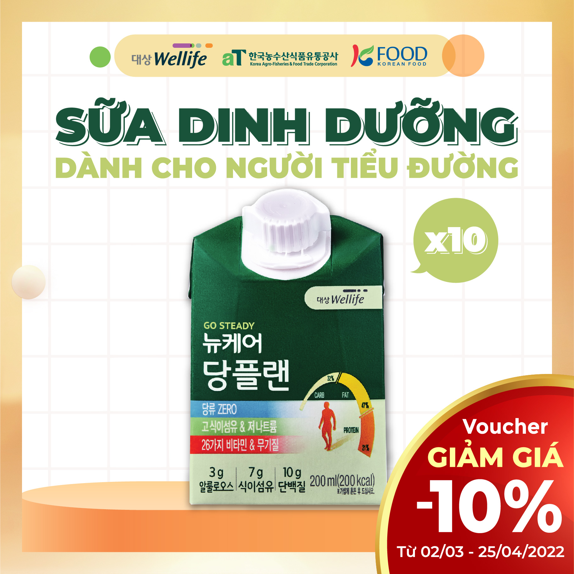 [Bịch 10 hộp SỮA CHO NGƯỜI TIỂU ĐƯỜNG 200ml] Daesang Wellife/ NUCARE Glucose