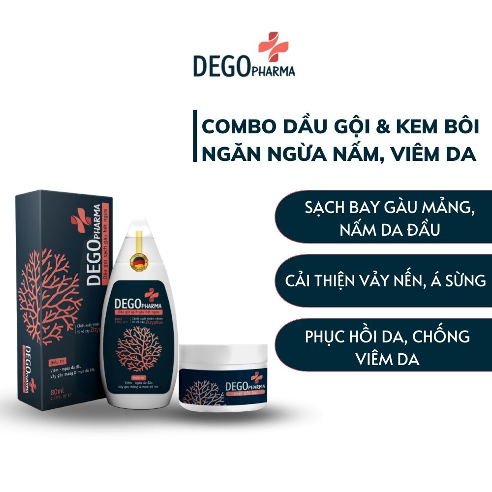 Combo dầu gội &amp; kem bôi dứt điểm nấm da, vảy nến, á sừng Dego Pharma