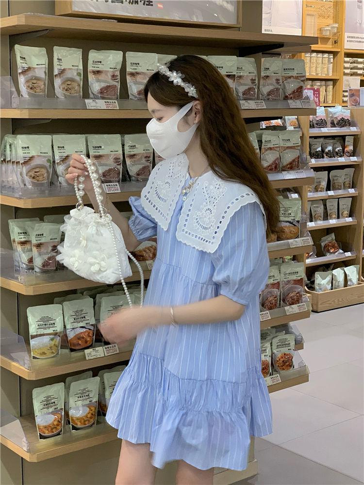 CHENGRUI Sữa ngọt chạy trốn công chúa váy mùa hè dịu dàng sữa tốt váy người đàn ông nhỏ rất khác biệt màu xanh sọc chạm rỗng váy