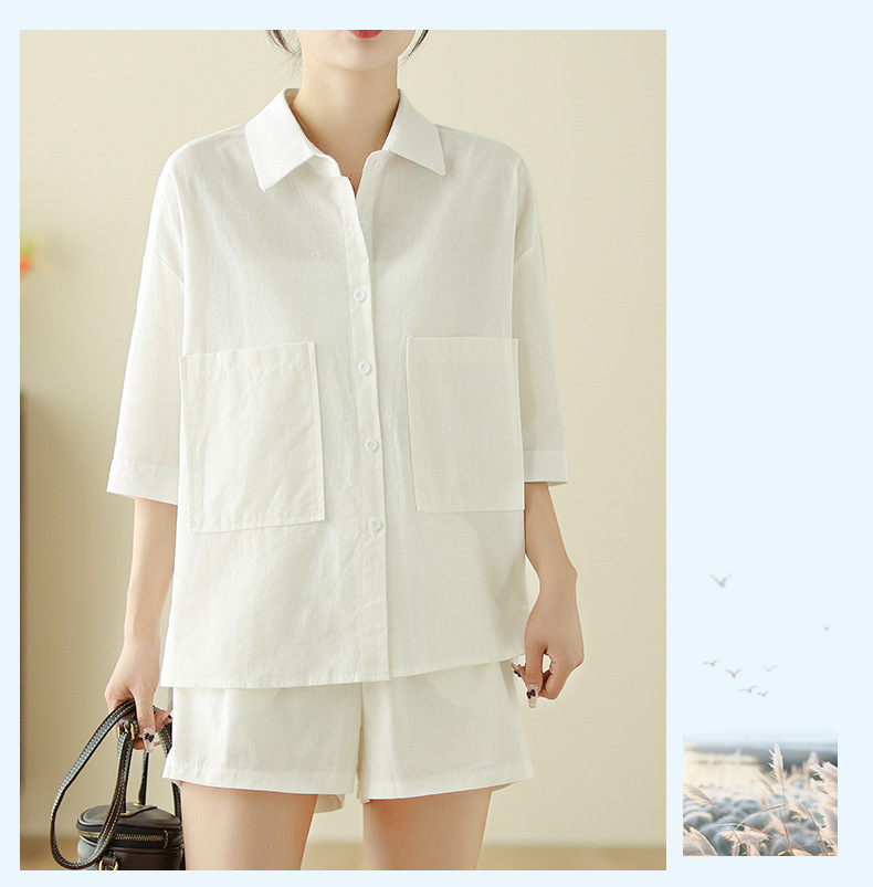 Bộ đồ cho nữ 2 chi tiết gồm áo sơ mi có túi và quần short dáng chữ A, set linen nữ hàn quốc