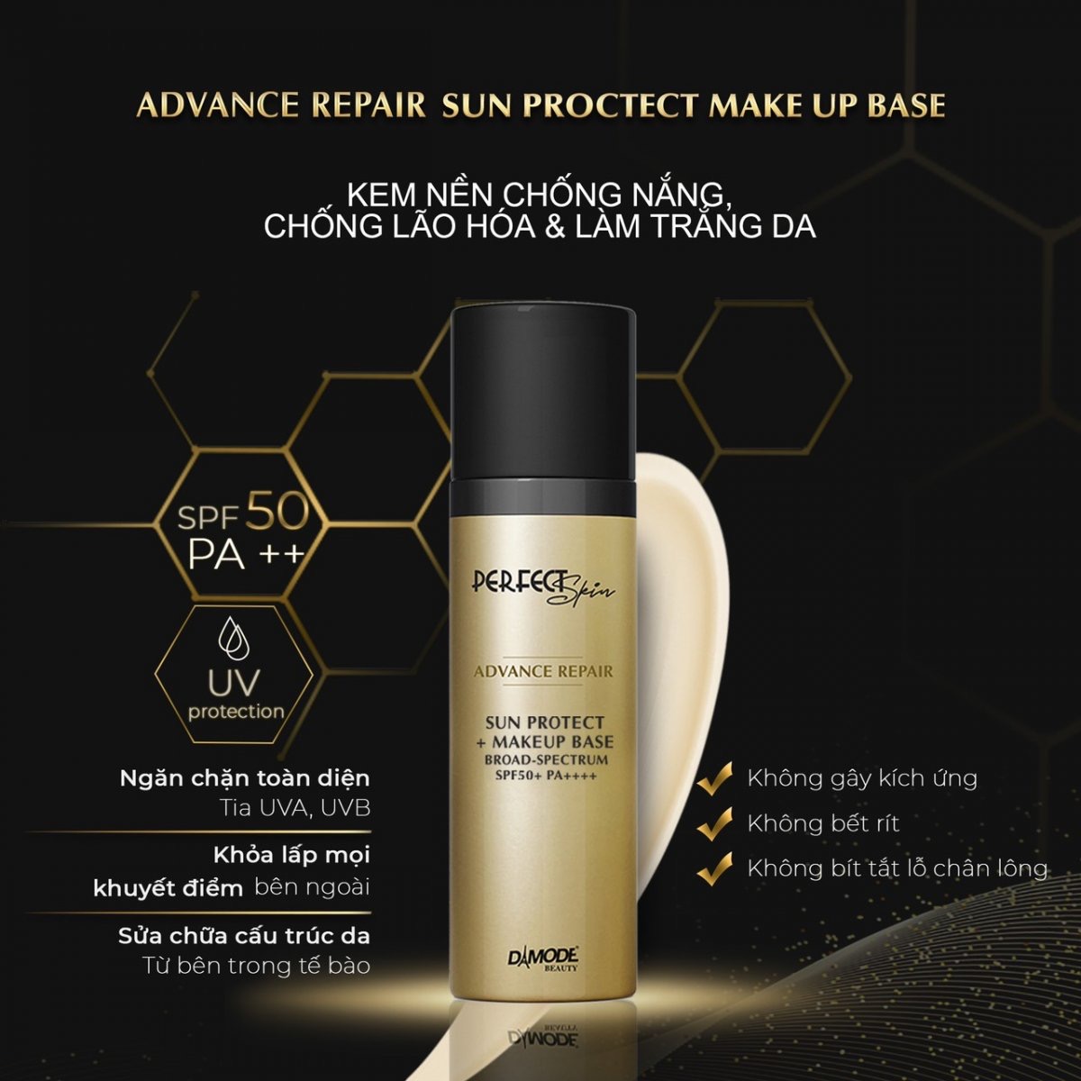Kem nền đi nắng dưỡng trắng sáng da SUN PROTECT MAKEUP BASE BROAD SPECTRUM SPF50+ DAMODE chai 30ml