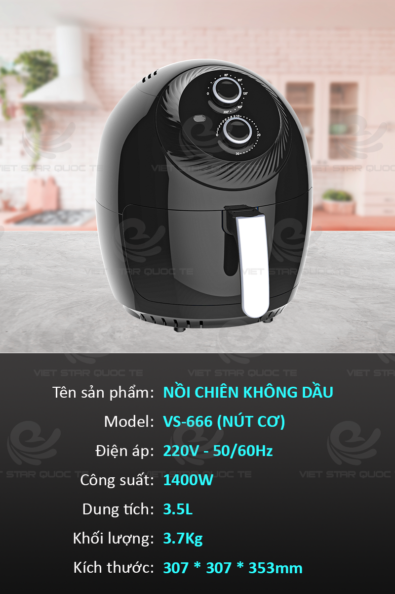 Nồi Chiên Không Dầu Dung Tích 3.5L, Công Suất 1400W, Chuyên Dùng Chiên, Nướng An Toàn Cho Sức Khỏe - Hàng Chính Hãng