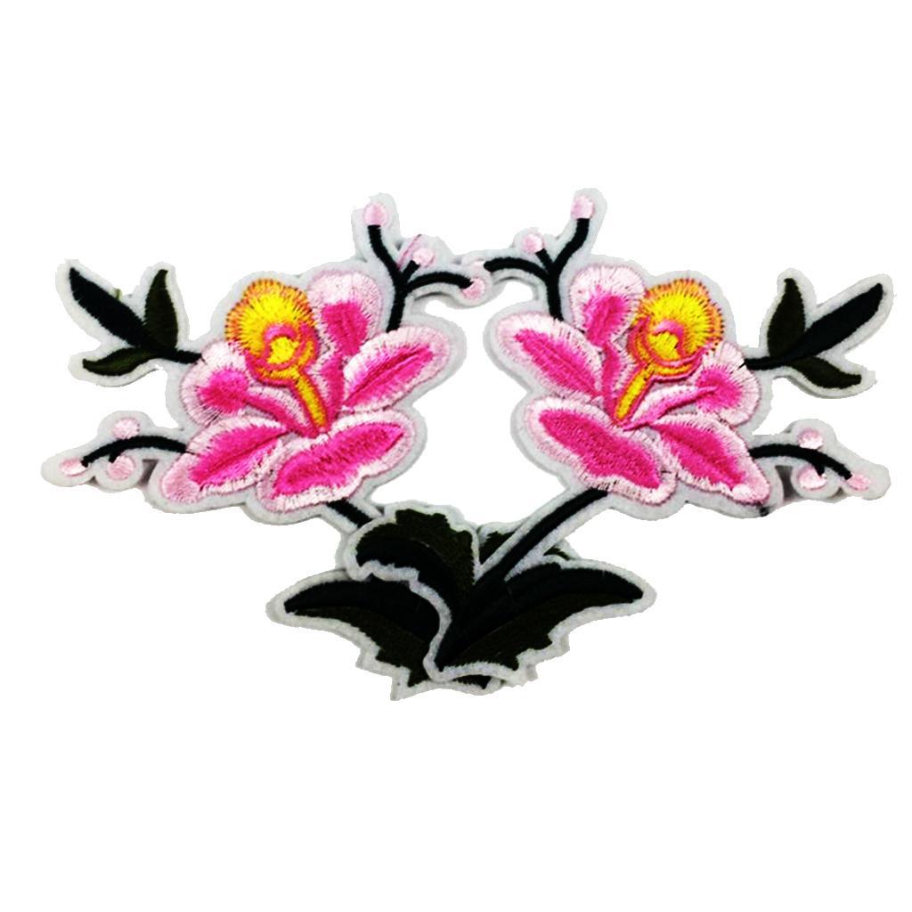 1 Pair Embroidery Flower Sewing Trim Applique Patches Iron on Sewing on Clothes Dress for Decoration Pink