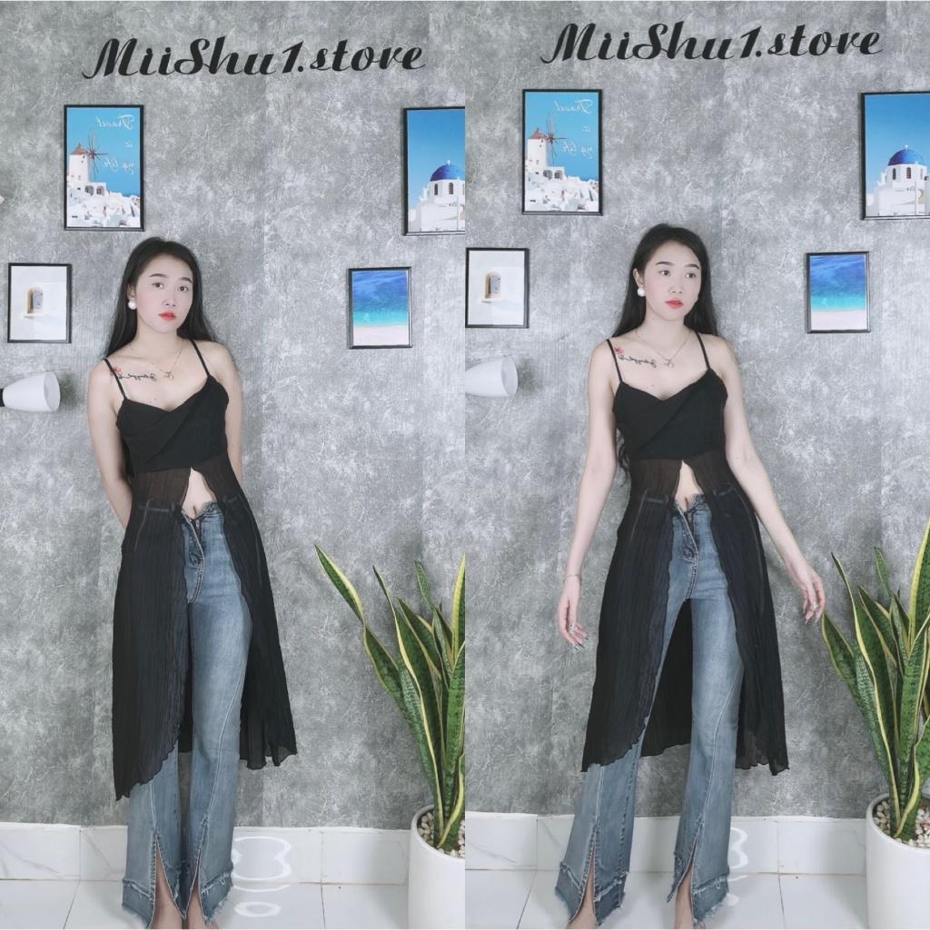 Áo 2 dây dáng dài xẻ tà vạt tôm cách điệu phối đồ cực chất, Áo rose top thiết kế 2 màu cá tính thời trang năng động