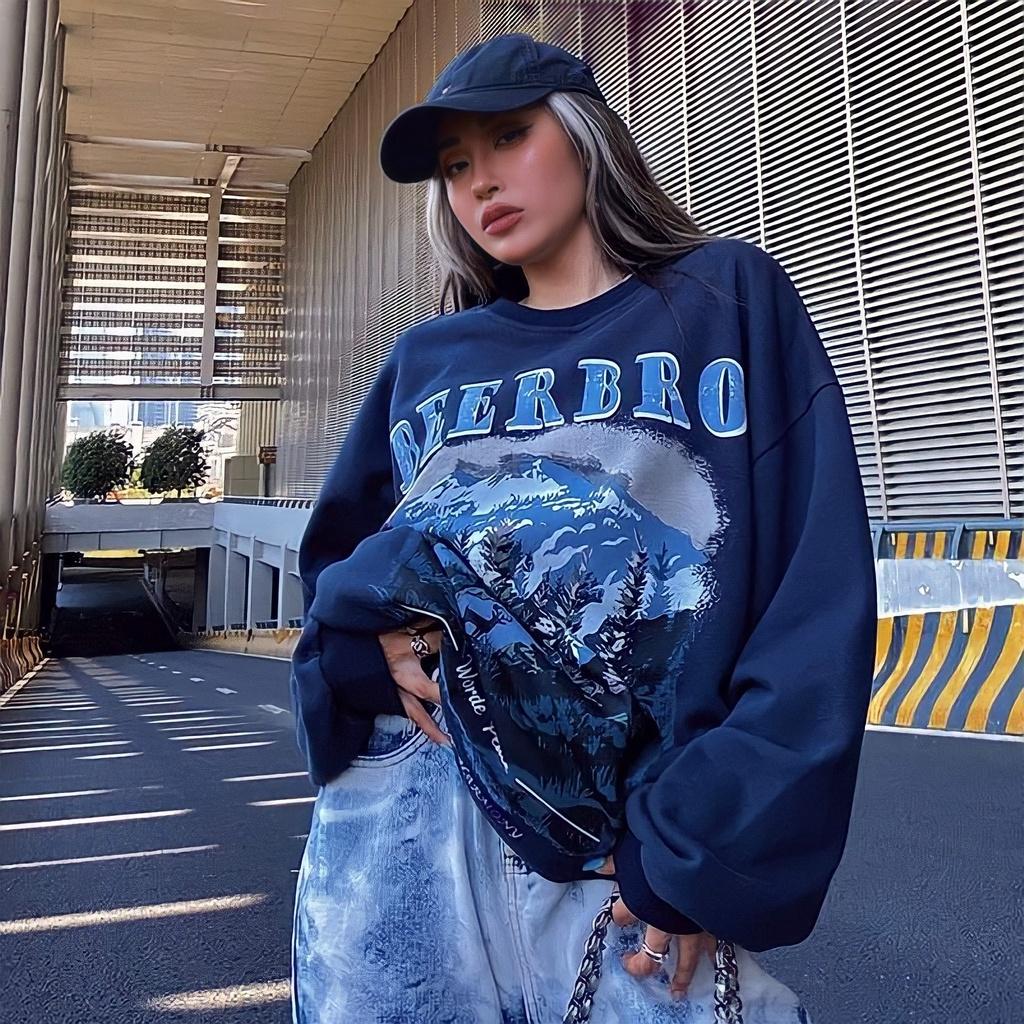 Áo Sweater Nỉ Ngoại Unisex Nam Nữ BEERBRO Màu Xanh In Hình Đồi Núi