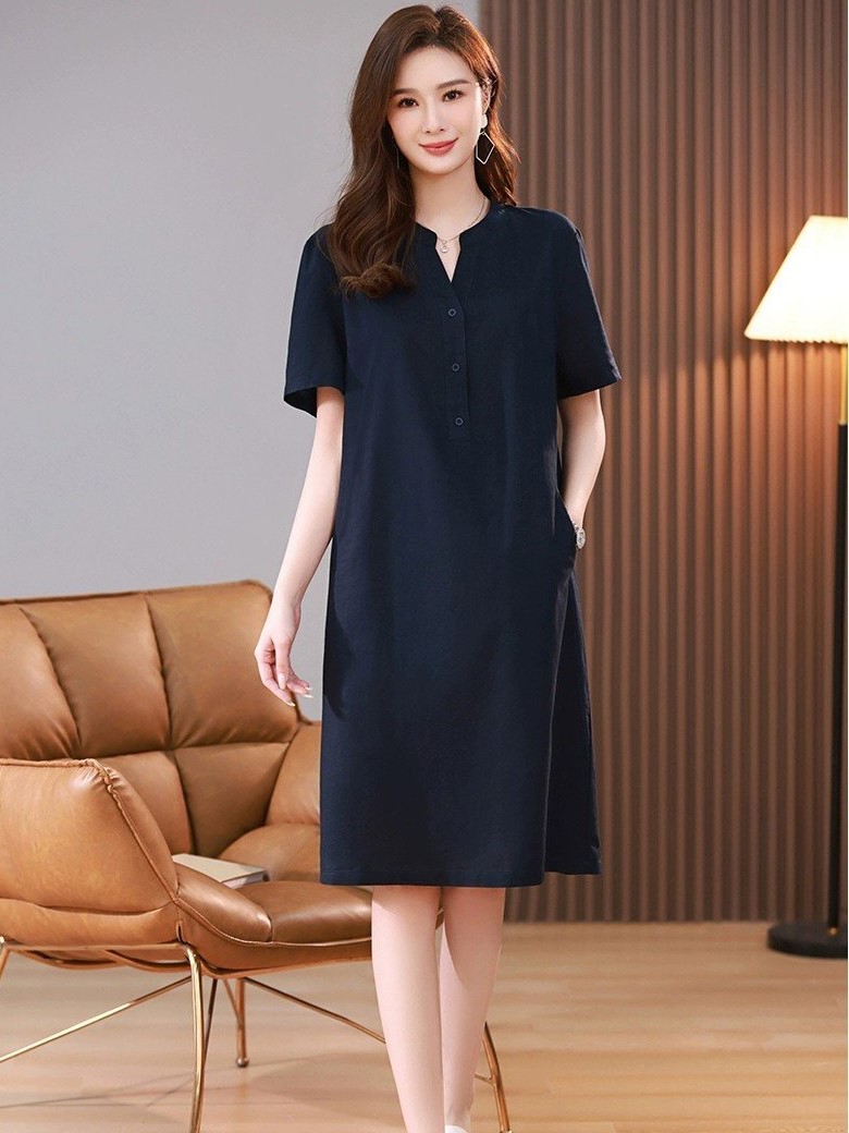 Đầm công sở cổ tàu phối nút, ngắn tay Hàn Quốc nữ trẻ trung, chất liệu Linen mềm mịn cao cấp Haint Boutique