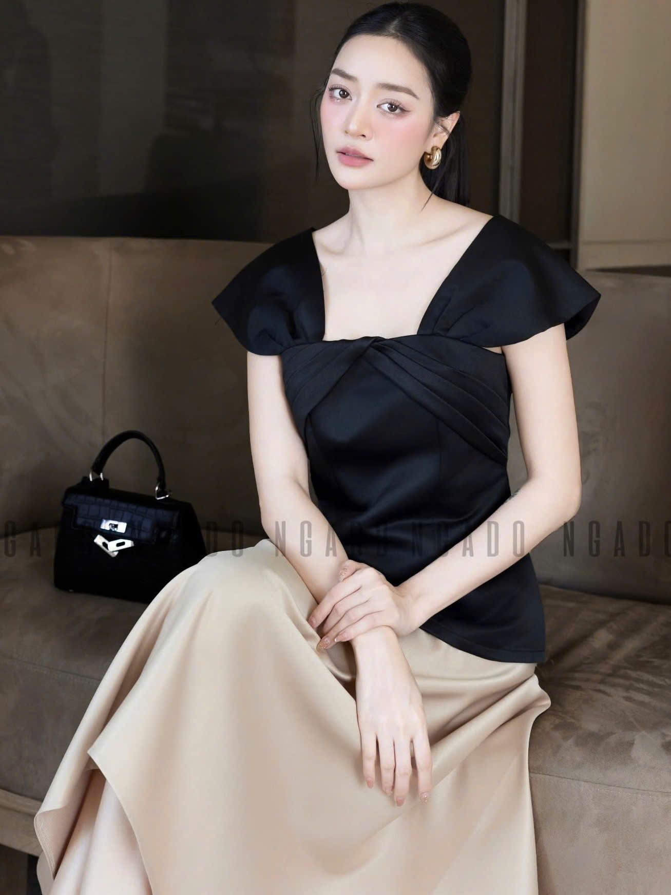 Set áo váy đen nude tay con NGADO , set áo váy , set công sở