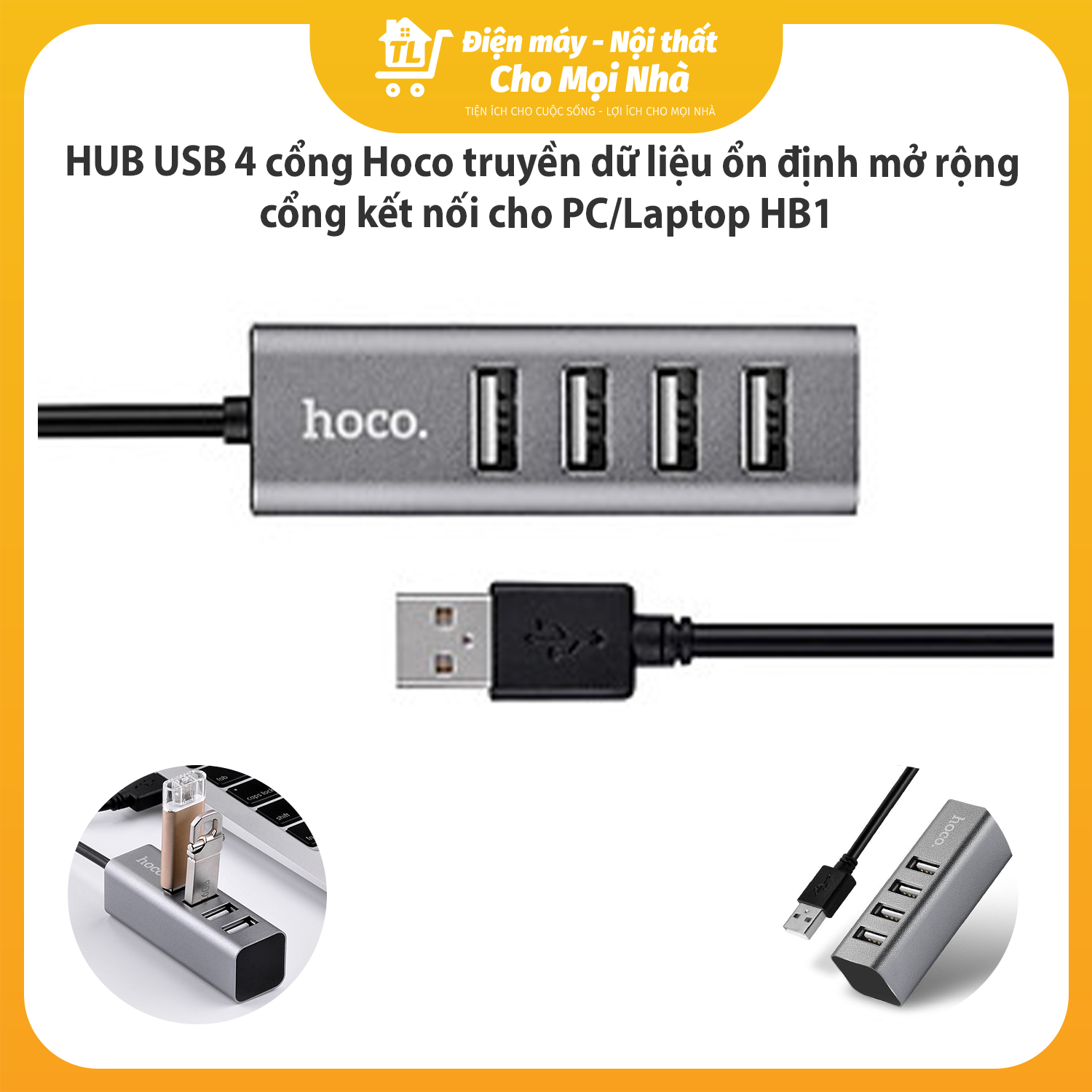 Hub USB 4 cổng Hoco HB1 (Xám đen) - Hàng Chính Hãng