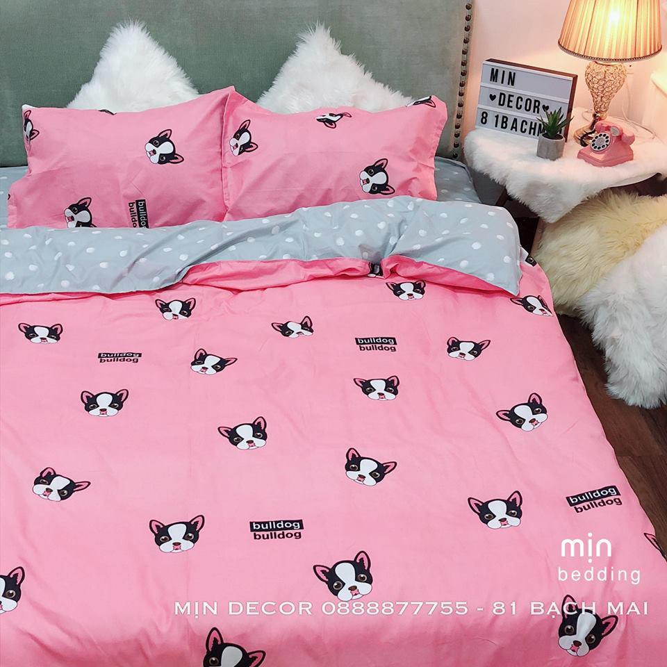 Set Chăn Ga Gối Poly Cotton Chó Hồng