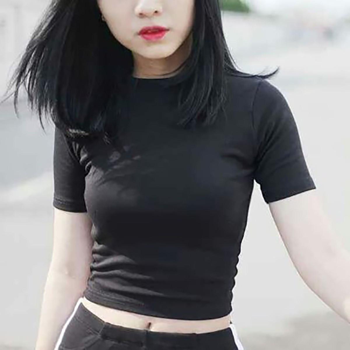 Áo phông ôm body cộc tay dáng ngắn croptop cổ tròn basic 2 màu đen, trắng cho nữ