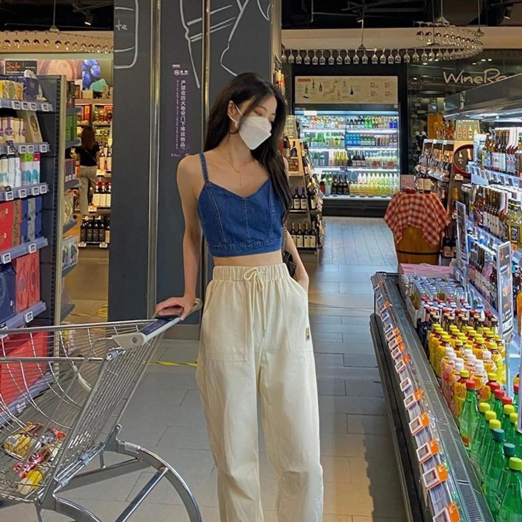 Áo croptop jean 2 dây bản to PINKSTORE29 kiểu dây buộc sau lưng, phong cách quyến rũ A5631