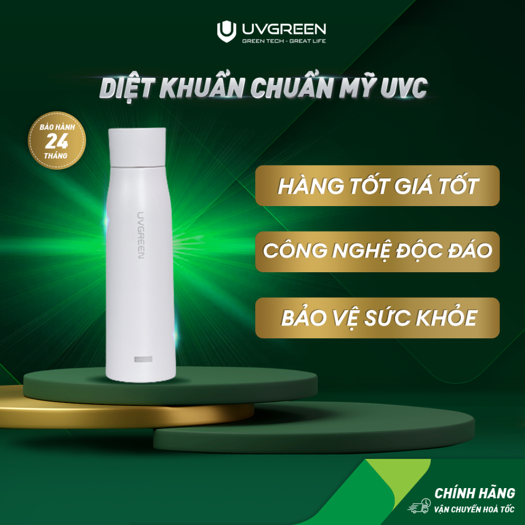 Bình Giữ Nhiệt Diệt Khuẩn UVC LED UK100 UVGREEN 500ml - Hàng Chính Hãng - Công Nghệ Mỹ, Diệt Khuẩn Nước 99,99%, Chất Liệu Inox SUS 316