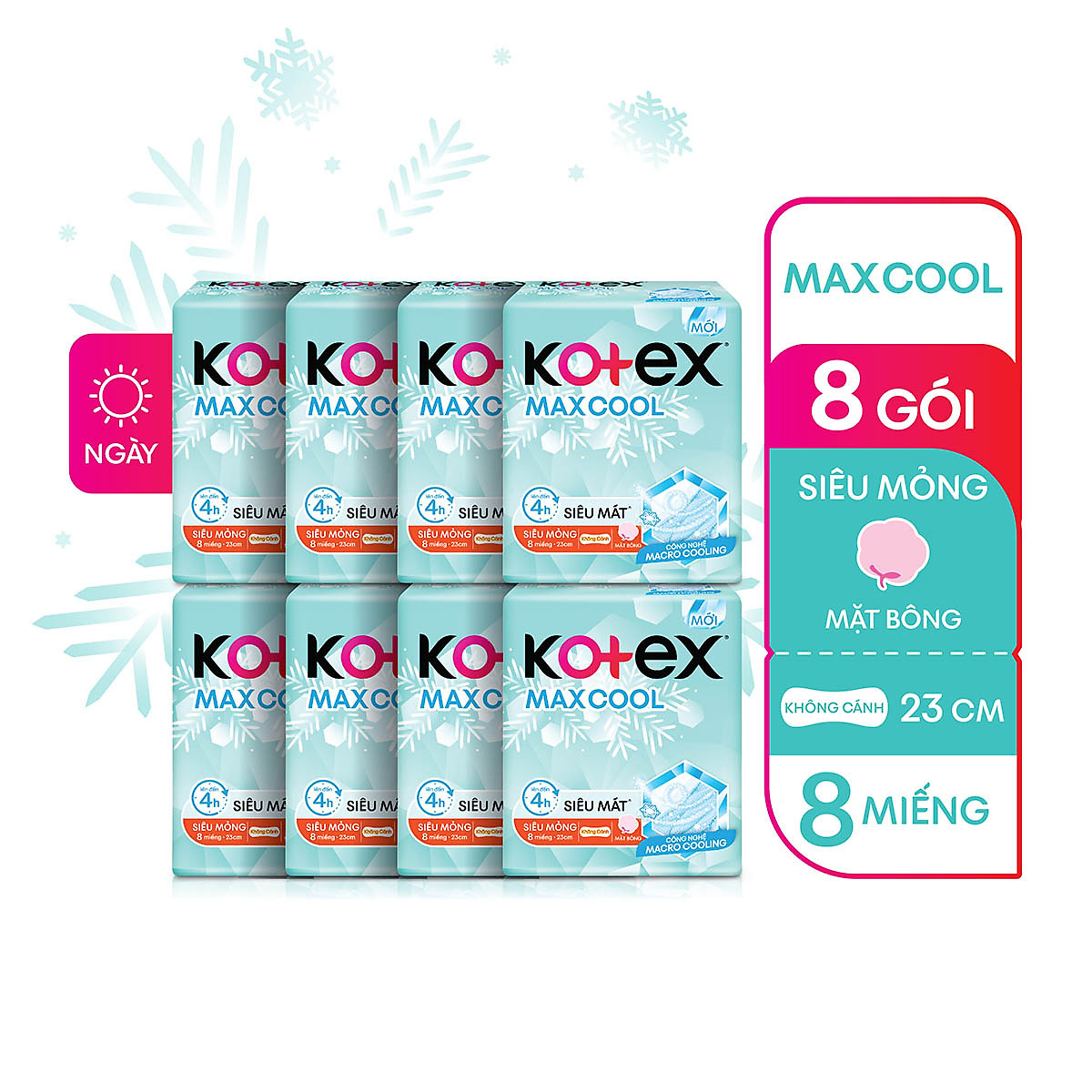 Combo 8 gói Băng Vệ Sinh Kotex Max Cool Siêu Mỏng Không Cánh 23cm 8 miếng