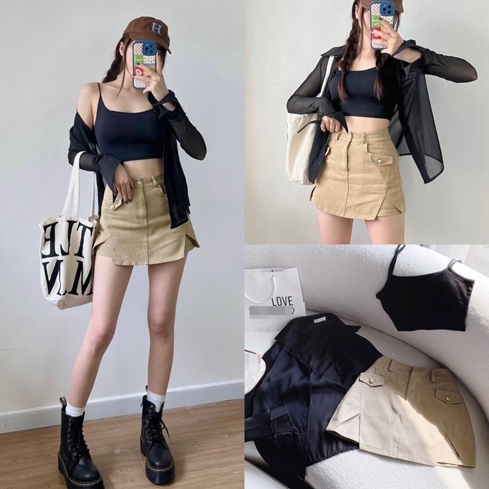 ĐẦM SET CHÂN VÁY CHỮ A NGẮN KAKI LƯNG CAO ÔM BODY SUÔNG TRƠN + ÁO CROPTOP 2 DÂY + ÁO SƠ MI RỘNG ĐI TIỆC ĐI CHƠI DẠO PHỐ ĐI BIỂN