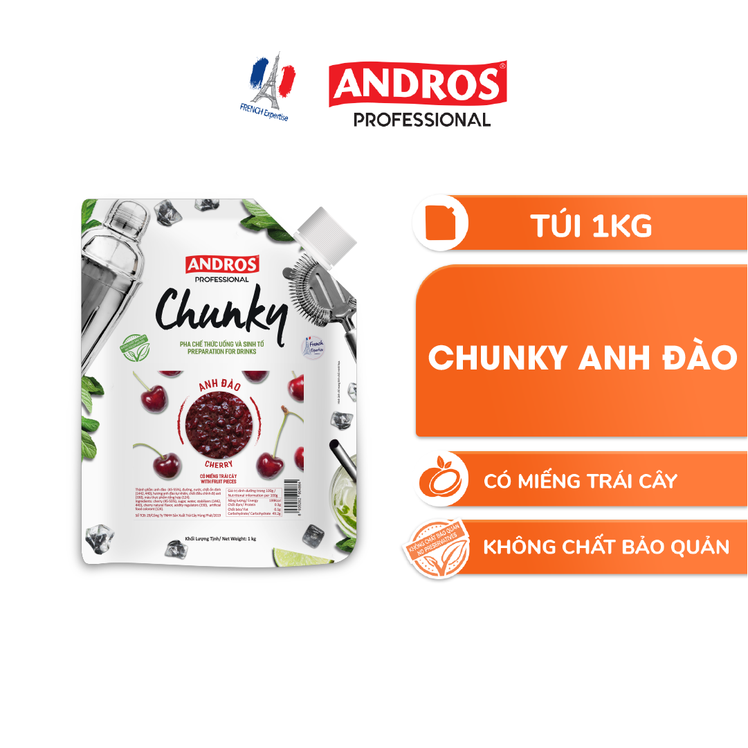 Mứt Trái Cây Pha Chế Anh Đào - Có Miếng Trái Cây Thật - ANDROS CHUNKY - 1KG