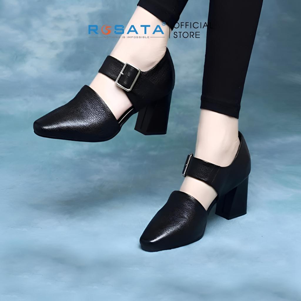 Giày boot ROSATA RO224 bốt nữ cổ thấp mũi nhọn quai cài khóa ngang dây to gót cao 7cm màu đen xuất xứ Việt Nam - Đen