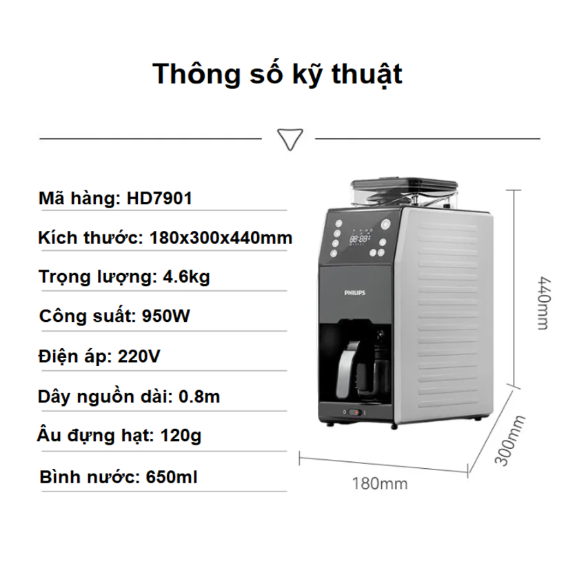 Máy pha cà phê Drip xay và pha tự động, thương hiệu Hà Lan cao cấp Philips - HD7901/10. HÀNG CHÍNH HÃNG