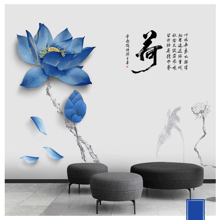 Decal dán tường tranh thủy mặc Hoa Sen xanh sang trọng trang trí phòng khách DH113