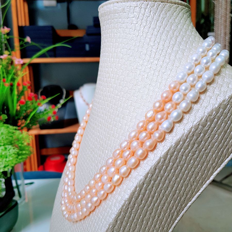Vòng Cổ Ngọc Trai Nước Ngọt Thiên Nhiên Cao Cấp - Chuỗi 3 Hàng Xoài - Trang Sức Cô Tấm - VIGO PEARL - Trắng Cam - CTJ4111