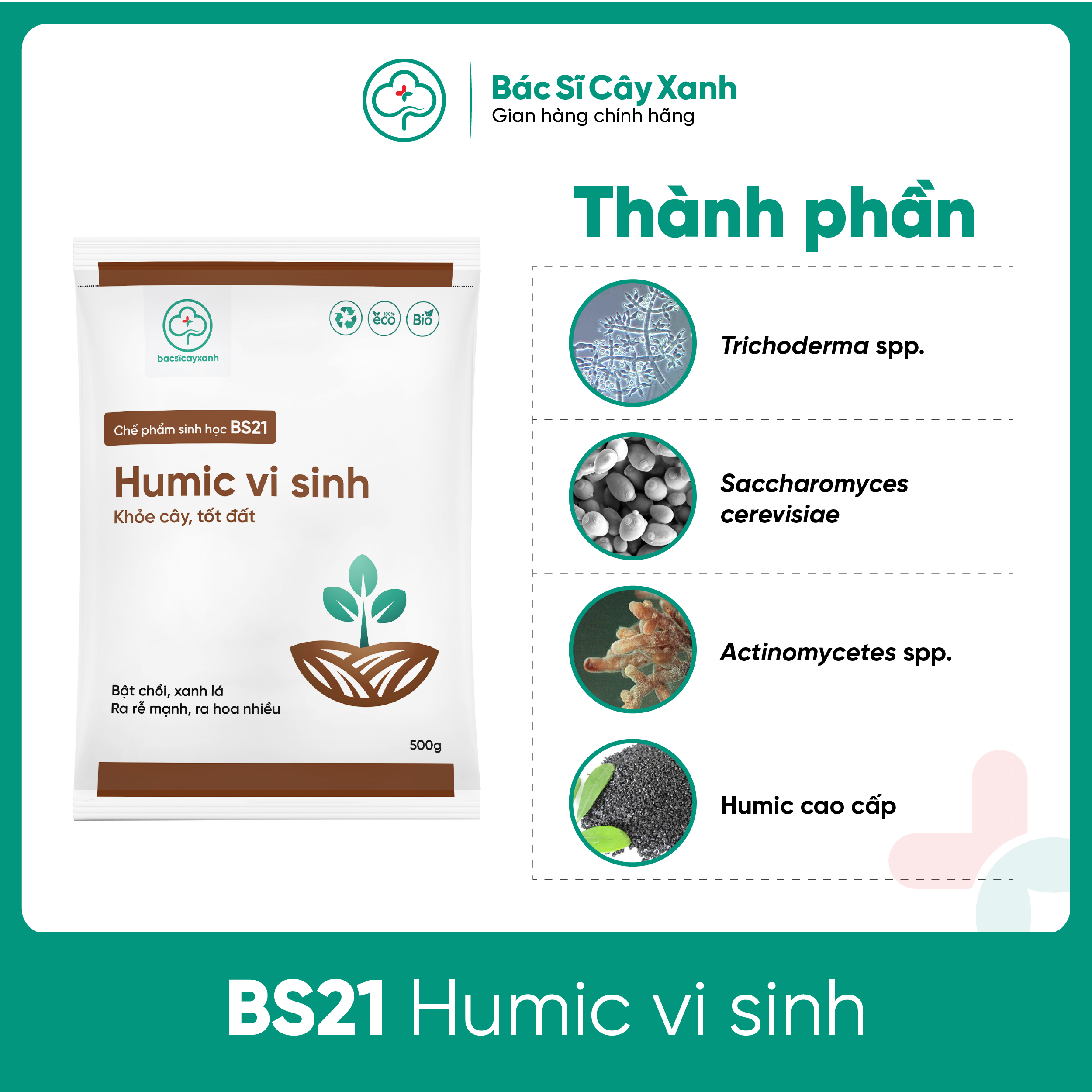 Humic vi sinh Chế phẩm ra rễ mạnh, đẻ nhánh khỏe, xanh cây, mập chồi, đẹp trái BS21 500g/1kg NSX Bacsicayxanh