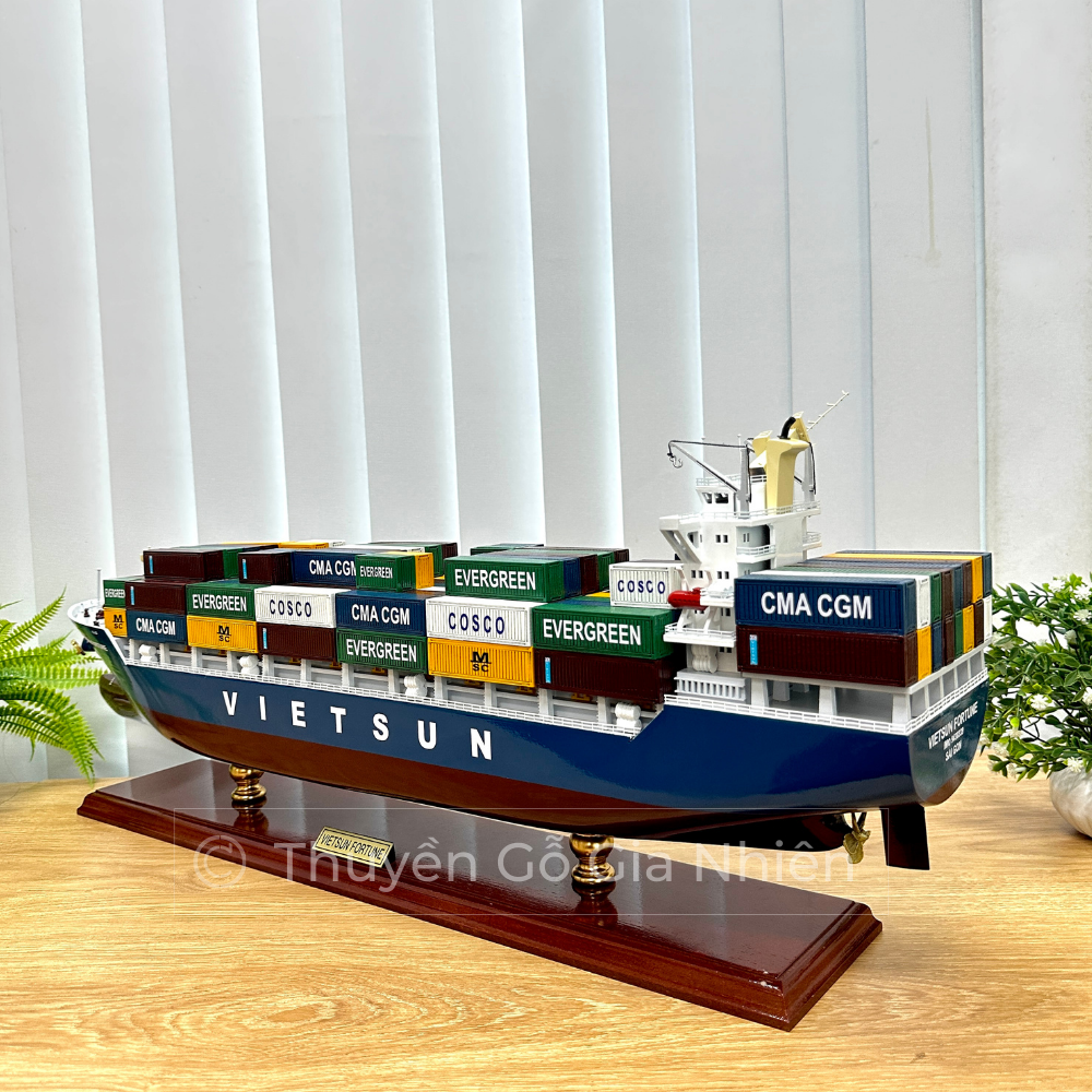 Mô Hình Thuyền Gỗ Phong Thủy Gia Nhiên, Thuyền Container Gỗ VIETSUN FOTUNER, Dài 70cm, Thuyền Xuất Khẩu Cao Cấp