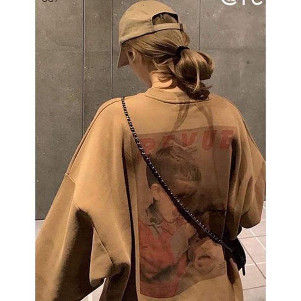 Áo Sweater Nỉ Please Màu Nâu Cực Tây Form Rộng Tay Phồng Unisex