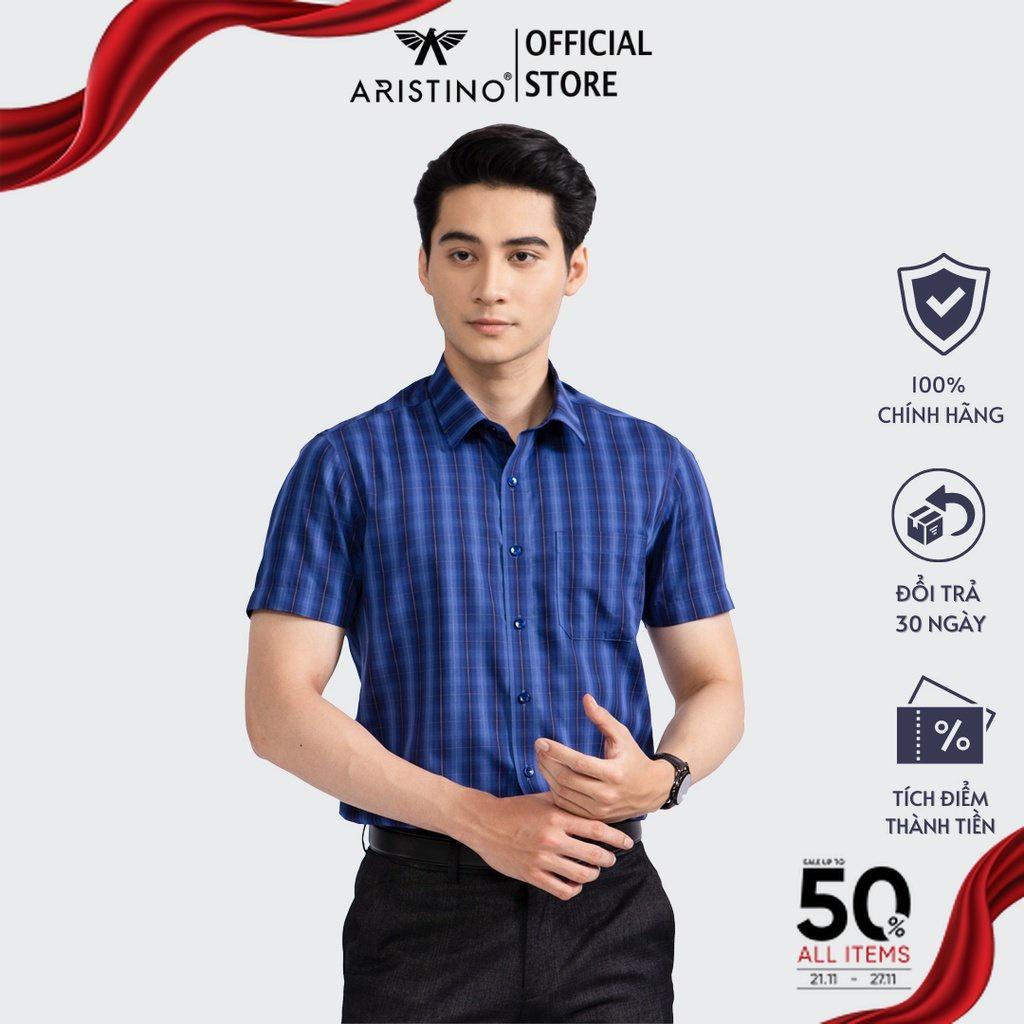 Áo sơ mi nam ngắn tay ARISTINO phom Perfect fit, xanh tím than kẻ trắng nổi bật - ASS315S2