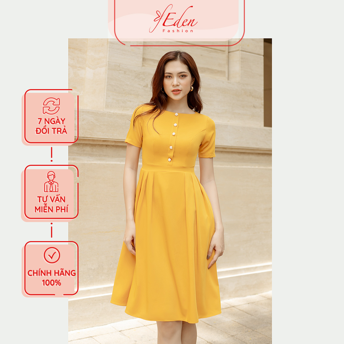 Đầm xòe 2 lớp công sở cổ thuyền phối nút thiết kế thời trang Eden dây kéo sau lưng có túi - D475