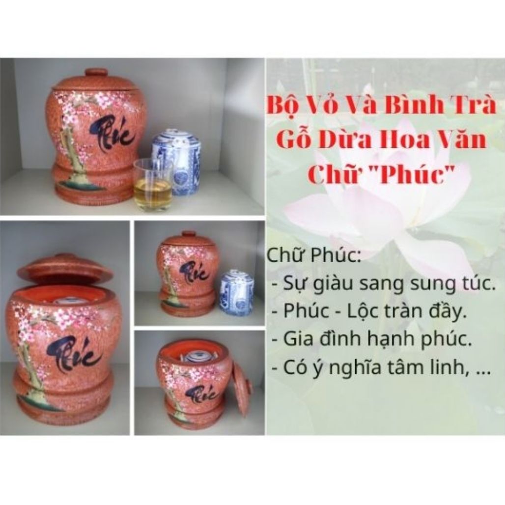 Bình Trà Gỗ Dừa Hoa Văn Lồng Chữ Phúc Và Bình Trà 700 - 950ml - Sản Phẩm Được Sản Xuất Tại Bến Tre