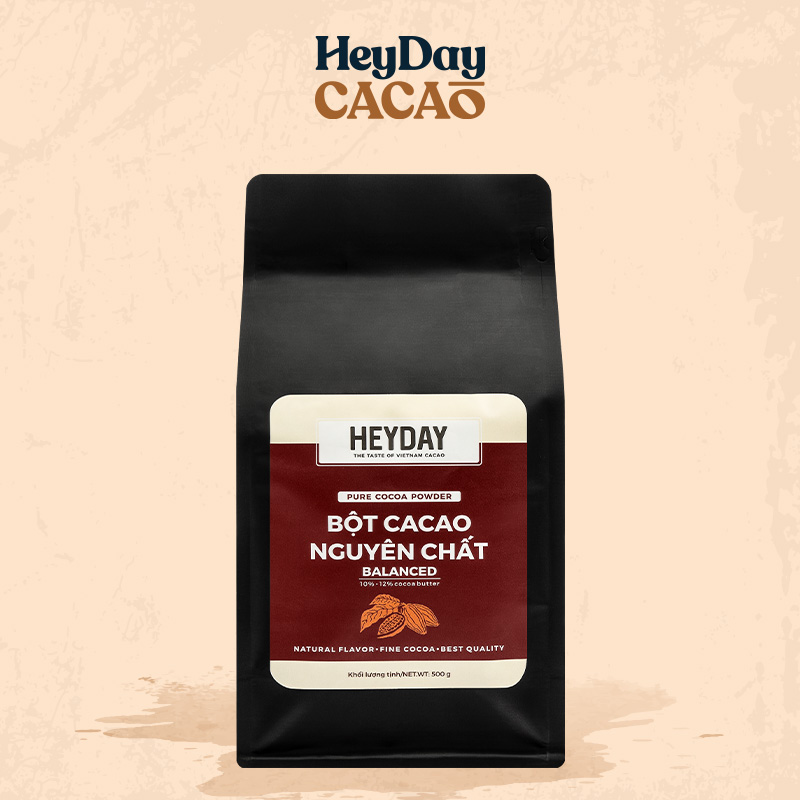 Bột cacao nguyên chất 100% Việt Nam - Dòng Balanced phổ thông túi 500g -  Chuyên dùng làm bánh, pha chế cho quán cà phê - Heyday Cacao
