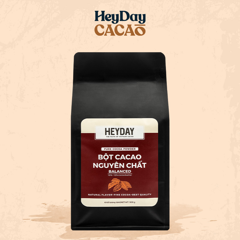 Bột cacao nguyên chất 100% Việt Nam - Dòng Balanced phổ thông túi 500g - Chuyên dùng làm bánh, pha chế cho quán cà phê - Heyday Cacao