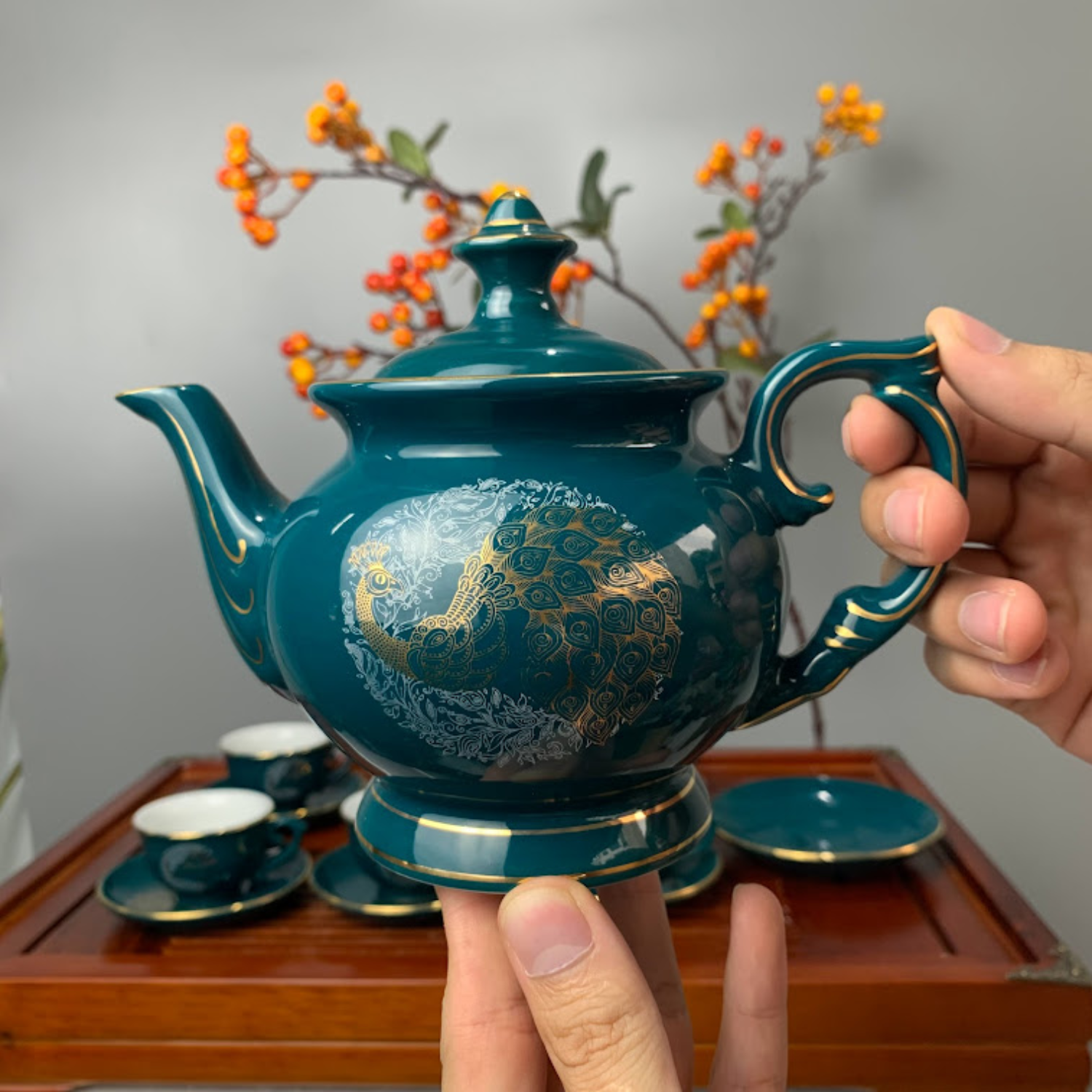 Bộ ấm chén uống trà cao cấp , bộ ấm trà Bát Tràng - phú hoàng điểu