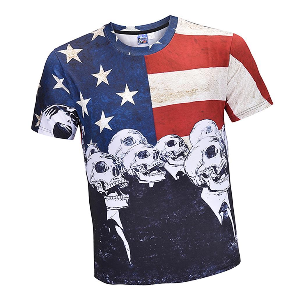 Fashion Men’s Fun T-shirts American Flag Holiday Fancy Dress Round Neck 3D Skull Head Print Tee M - 3XL