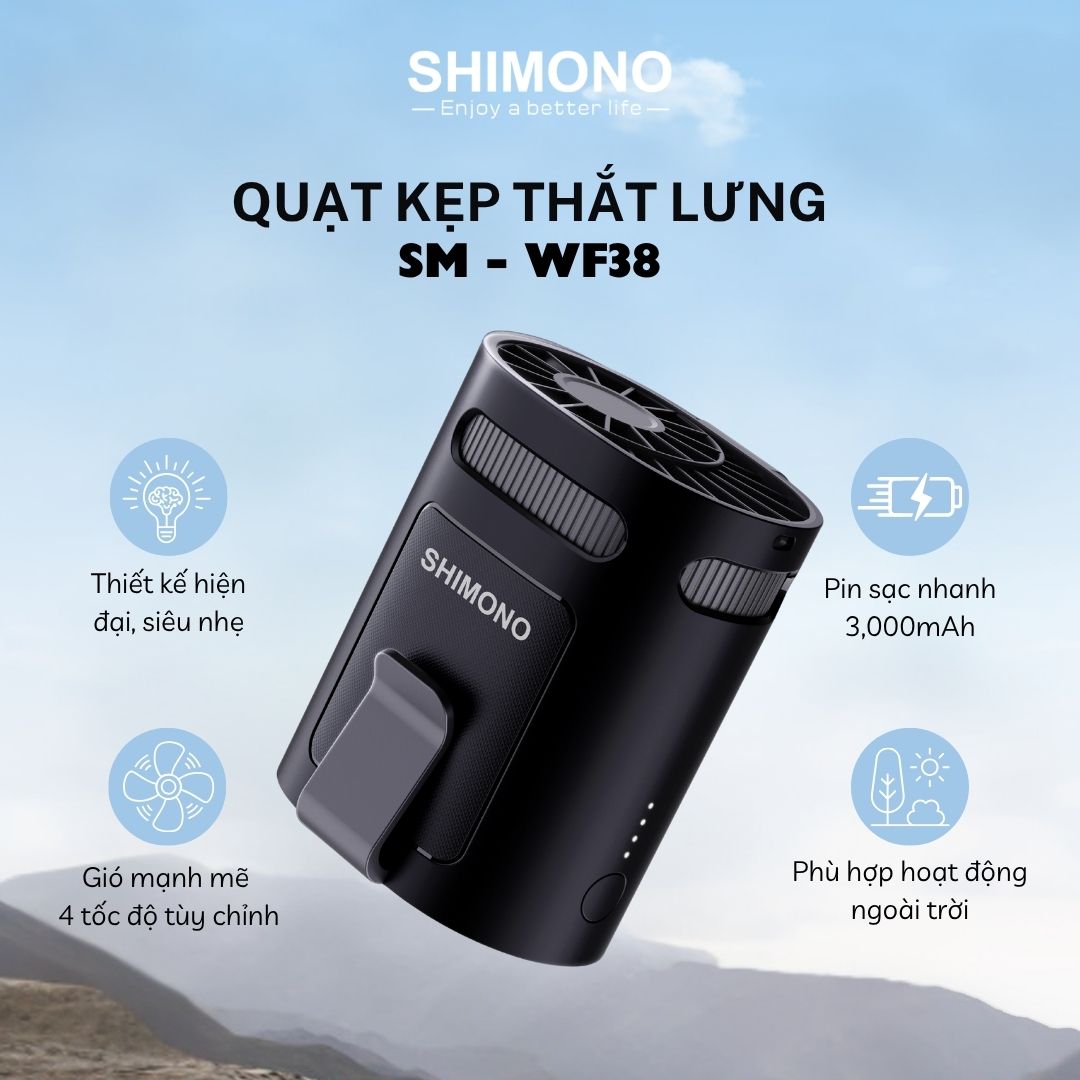 Quạt Kẹp Thắt Lưng SHIMONO SM-WF38 Pin 3000mAh, Siêu Nhẹ Phù Hợp dùng Ngoài Trời, Bảo Hành 12 tháng Hàng Chính Hãng