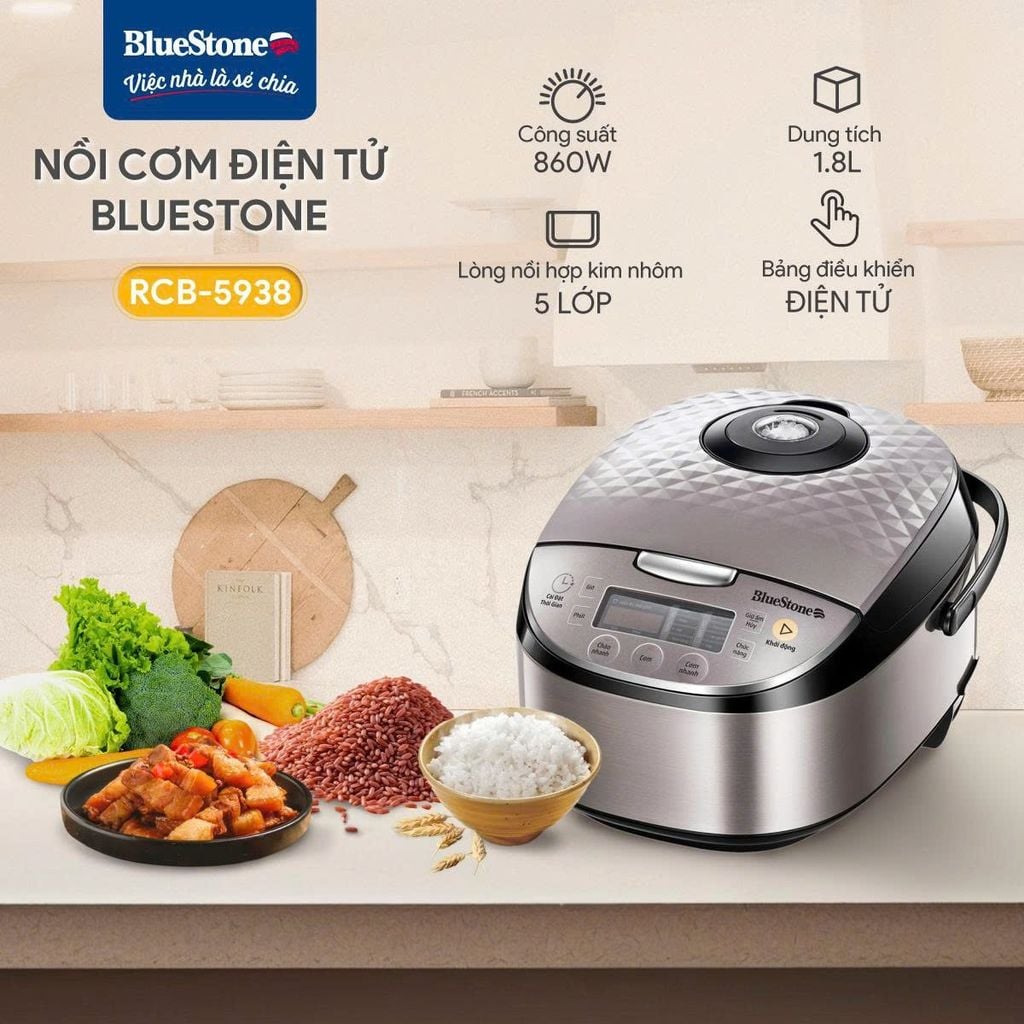 Nồi Cơm Điện Tử BlueStone RCB-5938 1.8 Lít 860W - Hàng chính hãng