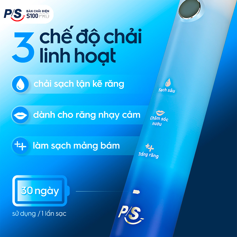 Bàn Chải Điện P/S S100 PRO Trắng Răng Công Nghệ Sóng Âm Xanh Chải Sạch Mảng Bám Tới 10X 1 bộ
