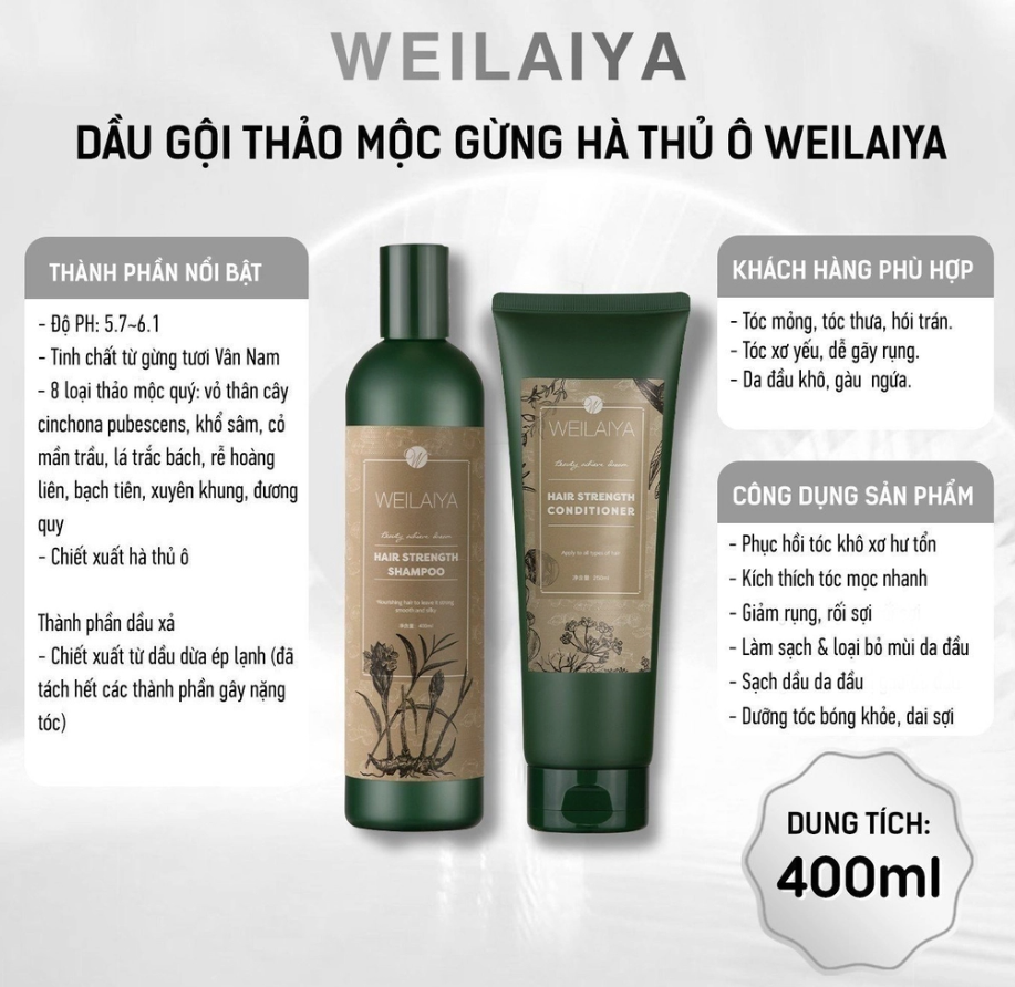 Set quà tặng cao cấp WEILAIYA: Cặp dầu gội xả gừng hà thủ ô cho da khô - Giúp làm sạch gàu, tóc phồng, cấp ẩm, giảm rụng tóc và thúc đẩy mọc tóc