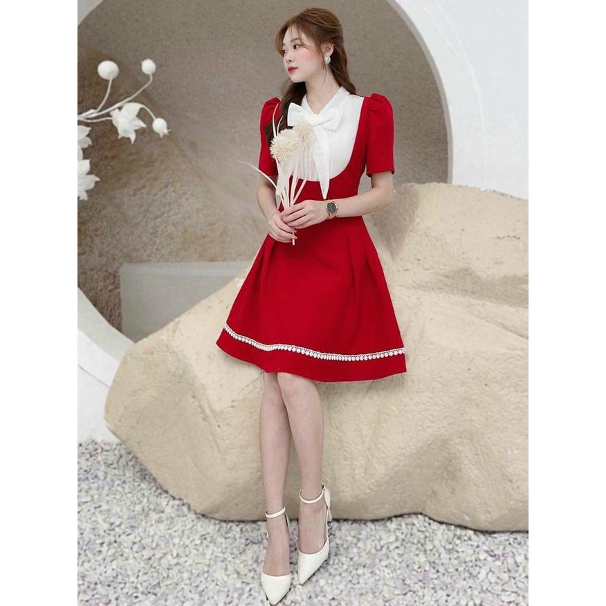 Đầm xoè tiểu thư viền ren phối cổ dập ly cột nơ duyên dáng