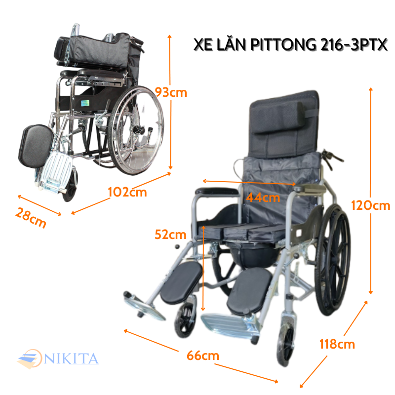 Xe lăn tay ngả giường pittong tích hợp bô vệ sinh, khung xe chắc chắn chịu tải trọng cao, hệ thống phanh trước - sau an toàn, chính hãng Nikita