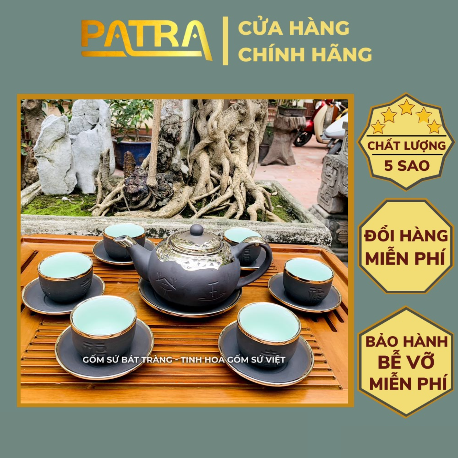 Bộ ấm chén uống trà cao cấp , bộ ấm trà Bát Tràng - trường sa phúc lộc thọ bọc đồng