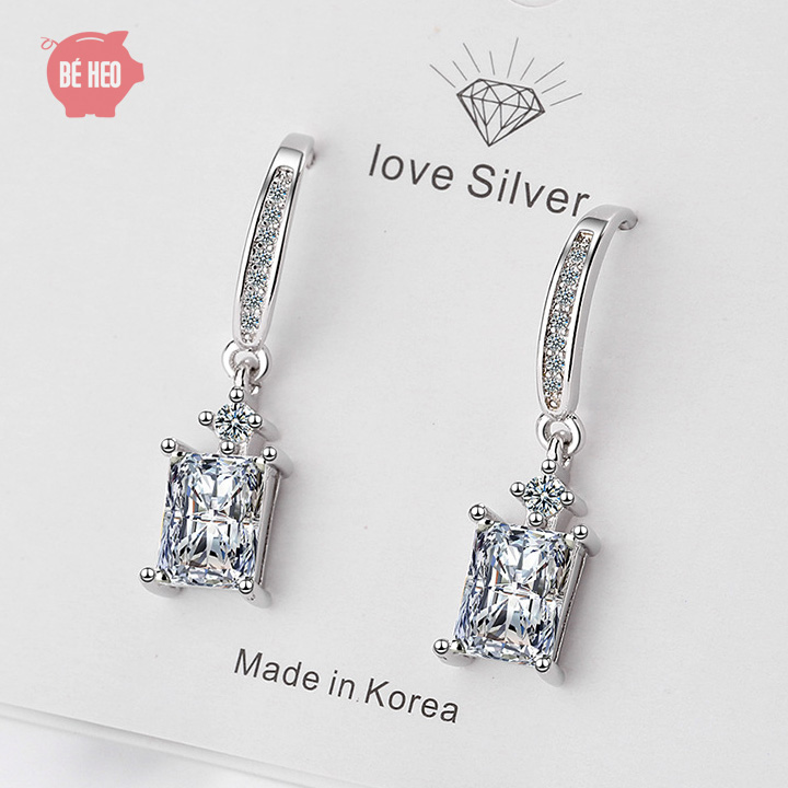 Bông tai đá zircon vuông - Khuyên tai bạc nữ - Trang sức Bé Heo BHBT448