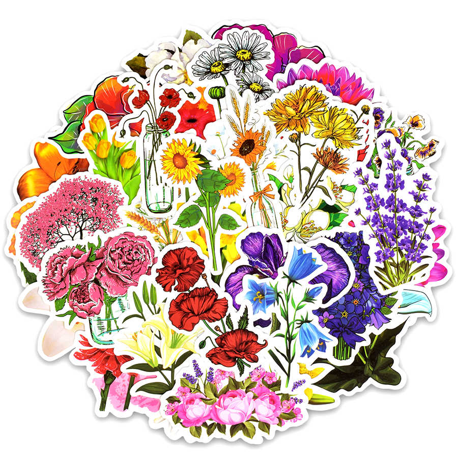 Set 60 Sticker hoa Flowers cắm trại ảnh ép lụa