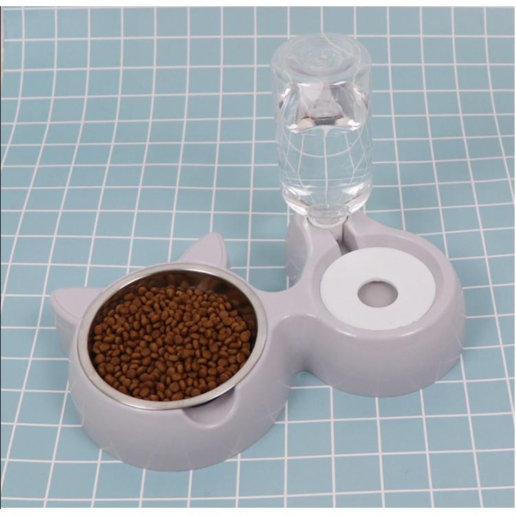 Bát ăn đôi hình tai mèo lõi inox kèm bình nước tự động cho chó mèo