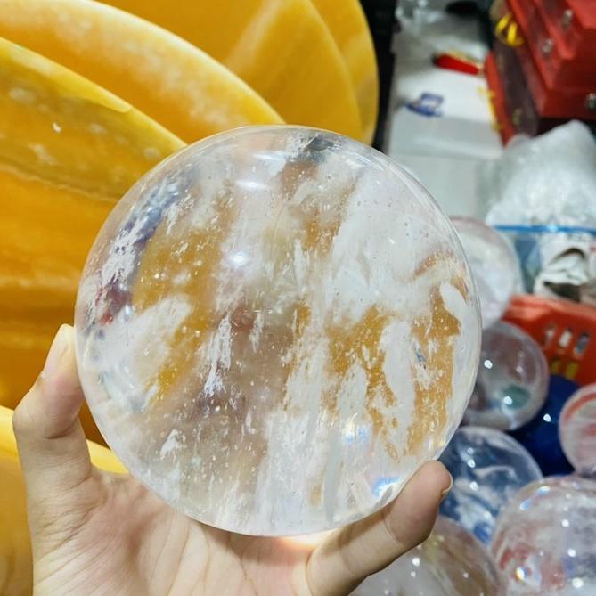 Bi Cầu Đá Núi Lửa Đỏ , Đá Canxit Vàng , Canxit Trắng - Đường Kính Từ 8cm - 15cm có Kèm Đế Gỗ
