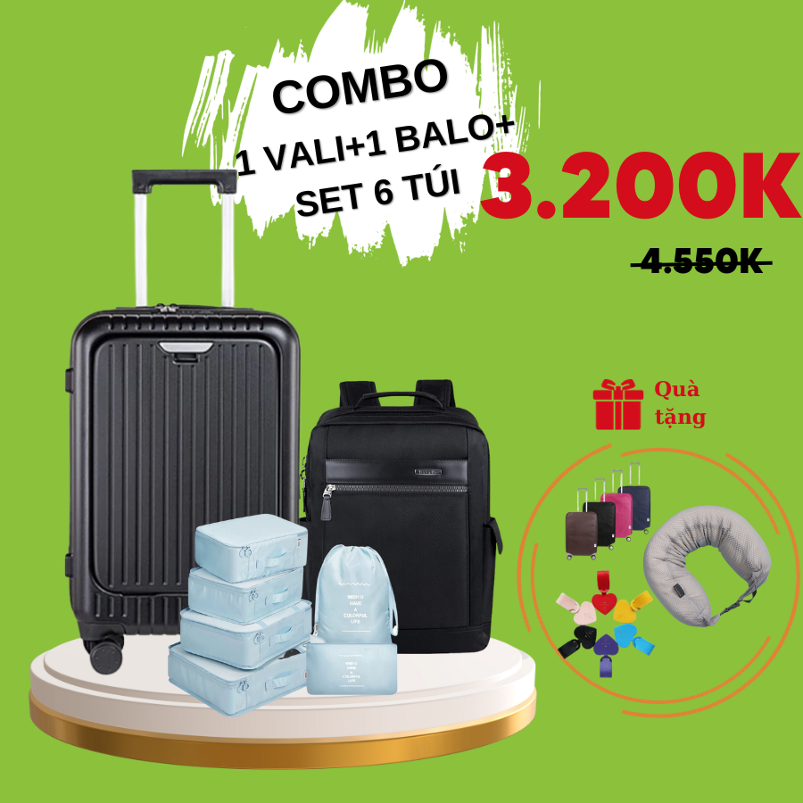 COMBO SIÊU HỜI 1 Vali kéo du lịch cao cấp nhập khẩu Hàn Quốc Vali Tresette 3789 Size 20, Balo Cao Cấp 5C206 và Set Túi Du lịch 012