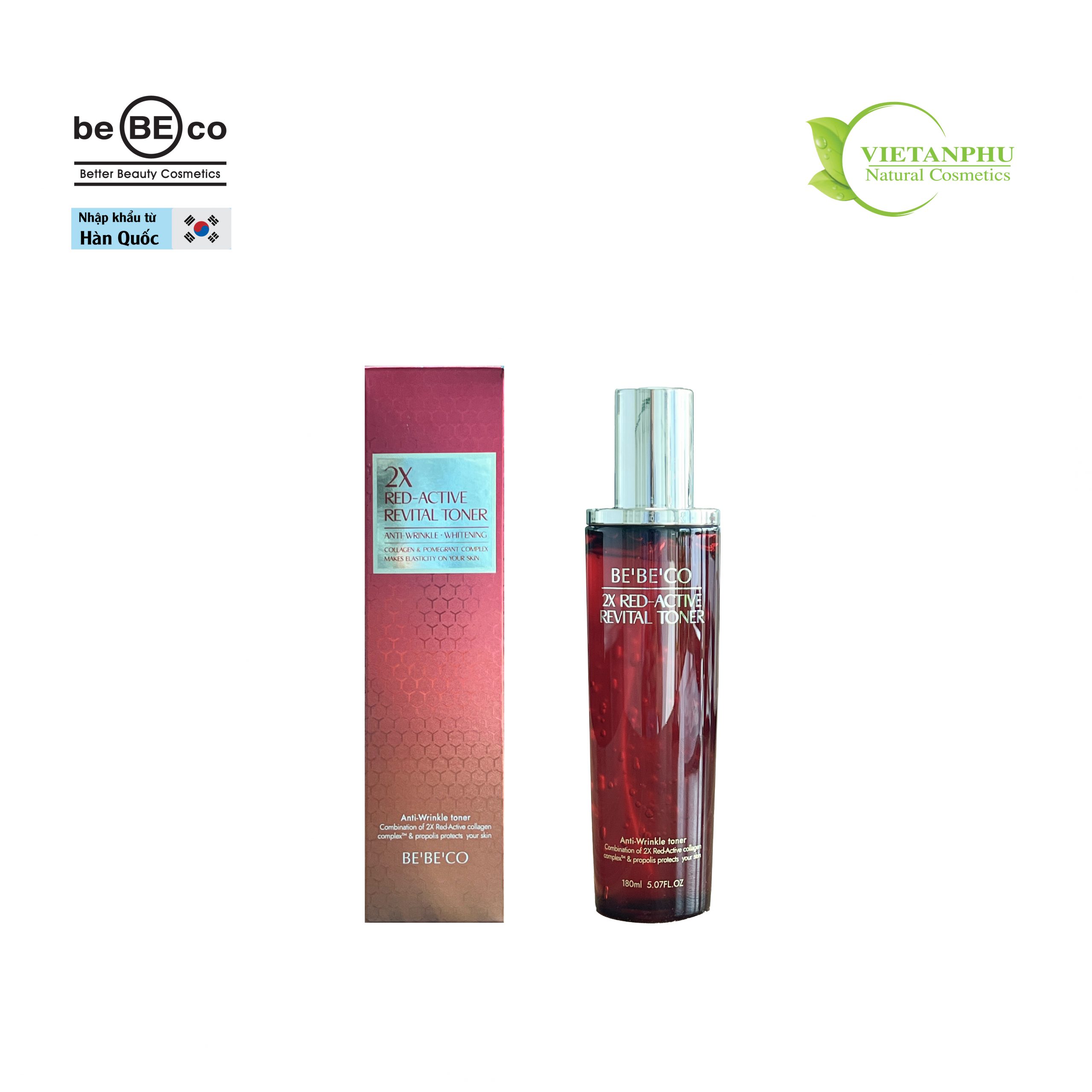 Nước hoa hồng làm trắng &amp; chống nhăn da 2X RED BEBECO Hàn Quốc-ACTIVE REVITAL TONER 180ml chống lão hoá