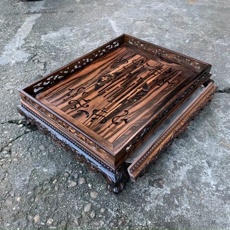 Khay trà chân quỳ gỗ mun hoa kích thước 45x35x12cm