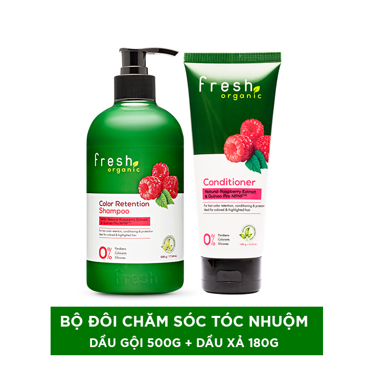 Bộ đôi gội xả Fresh Organic Chăm sóc tóc nhuộm chiết xuất Quả mâm xôi hữu cơ 500g + 180g