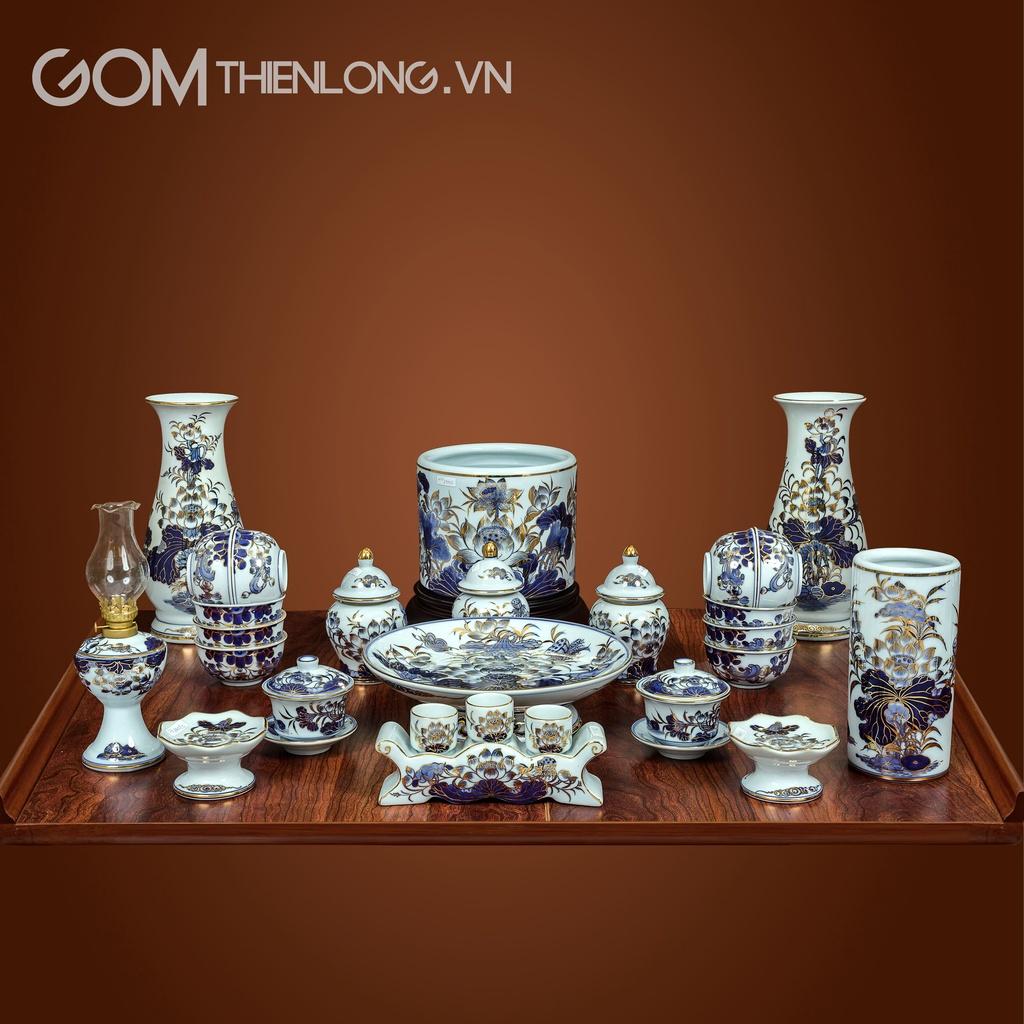 Bộ Đồ Thờ Vẽ Vàng Hoa Sen - Bát Hương Đồ Thờ Men Lam Bát Tràng - Gốm Thiên Long