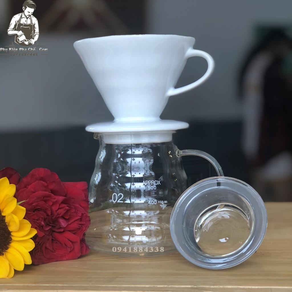 Bộ Bình Pha Drip V60 Phễu Sứ, Bình 600ml, Phễu Sứ Size 1-4cups